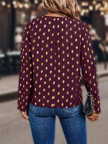 Áo sơ mi tay cuộn họa tiết chấm bi kim loại thời trang cỡ lớn - Màu Đỏ Sâu - Xem 2