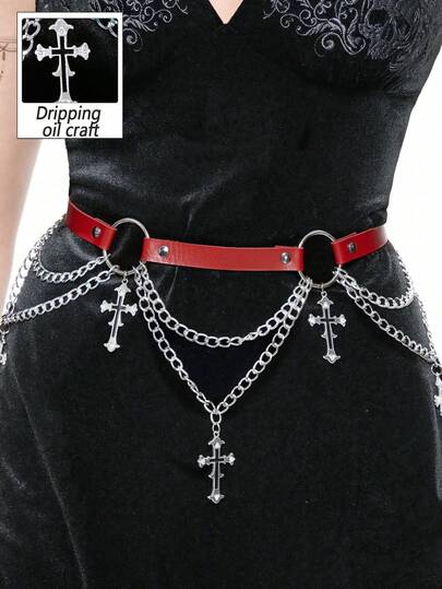Goth 1pc Women's Black Hollow Star & Circle Decor Chain Belt, Punk Style Decoration For Daily Dress