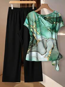 EMERY ROSE Elegant Marble Texture Print Plus Size 2 Pieces Set, Suitable For Party,Flower/Spring/Summer/Vacation - Multicolor - View 2