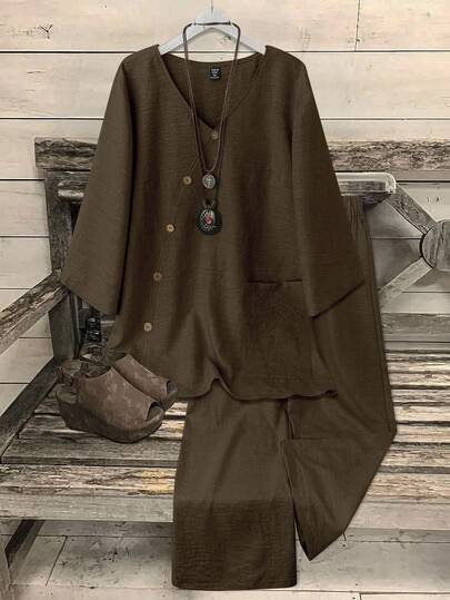 Omancia Standard Size Women V-Neck Coconut Button Decor 3/4 Sleeve Top + Solid Color Straight Leg Pants 2 Pieces Casual Commuter Set