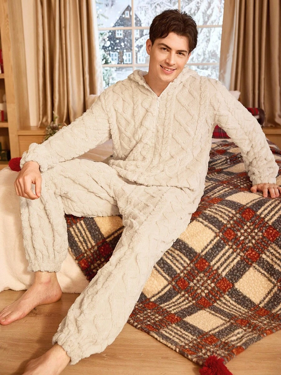 CoupledUp Bộ đồ liền thân vải nỉ Jacquard nhung trơn có mũ trùm đầu dành cho nam, đồ mặc nhà, thu đông, mềm mại, ấm áp - Màu be - Xem 1