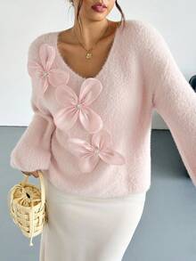 Firerie Maglione lavorato a maglia con maniche lunghe, scollo a V, comodo e morbido, decorato con fiori rosa, adatto per San Valentino, concerti, performance, appuntamenti, cene formali, gala, matrimoni, sexy, elegante, pendolarismo, ritorno a scuola, vacanze, spiaggia, romantico e grazioso, chic da ufficio, stile sirena, feste di compleanno in autunno/inverno - Rosa - Visualizzare 3
