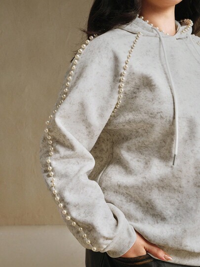 Anewsta Distressed Heather Gray Plus Size Hoodie Sweatshirt With 3D Pearl Embellishment For Women, Plus Size