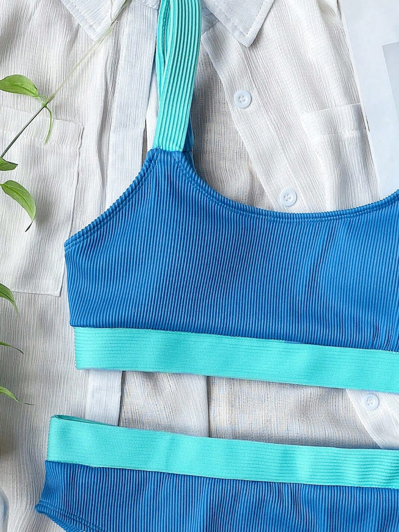 Swim Vcay Conjunto de Bikini de Verão com Bloco de Cor de Costela de Praia - Azul - Visão 5
