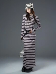 Bloopia Punk Apocalypse Chic Women's Autumn/Winter Halloween Fashion Personalized Contrast Stripe Digital Print Bow Rivet Rhinestone Fitted Long Sleeve Off Shoulder Pullover Maxi Dress - Multicolor - View 7