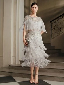 Anewsta Women's Fashion New Hot-Selling Heavily Beaded Patchwork Tassel Elegant Party Evening Suit - Grey - View 5