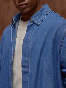 Musero Men Oversized Long Sleeve Button Through Denim Shirt , Fall/Spring Summer - Blue - View 6