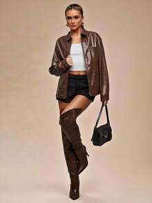 SHEIN BAE 女士时尚通勤复古棕色夹克 - 咖啡棕 - 查看 7