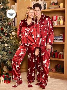 Manfinity 圣诞情侣图案印花仿丝绸睡衣套装，男士秋冬情侣睡衣套装，圣诞情侣睡衣 - 酒紅色 - 查看 4