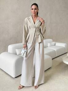 Lavishia Women's Solid Color Lapel Collar Drop Shoulder Long Sleeve Pleated Elegant Blouse In Fall/Winter - Apricot - View 4