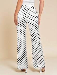 Amorya Women's Vintage Polka Dot Black & White Print Knit Elastic Pants, Suitable For Daily, Commuting And Multi-Occasion Wear, Autumn