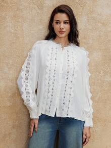 SHEIN Privé VITNOS 2025 Luxury Bohemian Vintage Elegant White Autumn Long Sleeve Blouse,Lace Patchwork Casual Fashion Tea Party Top For Music Festivals,Parties - Beige - View 6