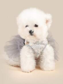 PETSIN 1pc Cat And Dog Universal Pet Dress Princess Style, With Pearl Necklace Gray Fluffy Gauze Skirt, Spring And Autumn Dog Clothes - Grey - View 5