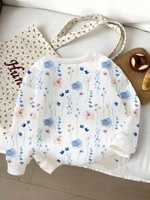 SHEIN Playful Pals Baby Girls' Casual Floral Print Crew Neck Sweatshirt, Minimalist Countryside Style, Autumn/Winter Fall