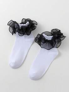 ROMWE Kawaii Women's Fashionable Mid-Calf Socks With Hollow Ruffled Design - Black and White - View 3