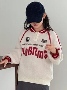 Dazy Kids Suéter de Tricô com Bloco de Cores e Letras para Meninas, Outono - Multicolorido - Visão 2