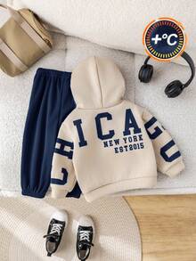 SHEIN مجموعة ملابس طفل ولد 2 قطعة، سترة هوديي مطبوع عليها رسومات حرفية جميلة + بنطلون جوجر أخضر، ملابس أطفال مناسبة للخريف والشتاء