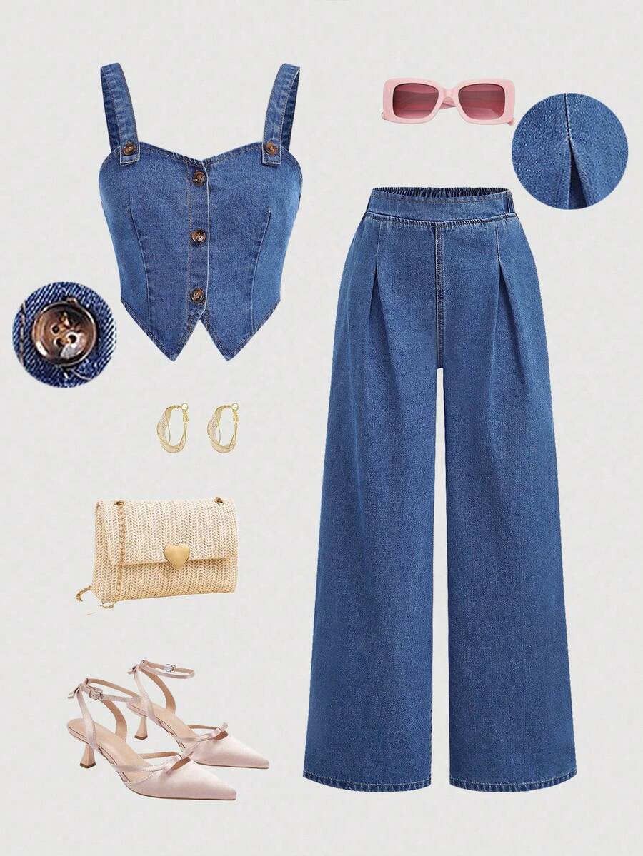 Girlism 2 件套青少年女孩纯色水洗休闲牛仔套装，包括蓝色吊带背心和阔腿裤，适合日常穿着、旅行和度假、女孩秋冬两件套服装、返校返校服装