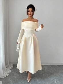 Elenzga Women's Apricot Elegant High-End Design Ruched Off Shoulder Long Sleeve Slimming Waist Patchwork Loose Flared Hem Party Midi Dress, Autumn - Apricot - View 4