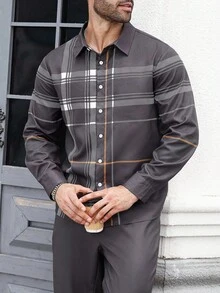 Manfinity Homme 2件套大码男士休闲长袖衬衫和纯色裤子套装 - 彩色 - 查看 5