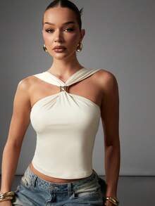 Hauture Women Halter Neck Ruched Brown Crop Top With Gold Ornament - Apricot - View 1