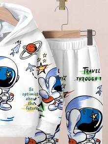 SHEIN 2 件套年轻男童休闲时尚经典时尚宇航员图案印花宽松套头连帽运动衫套装，适合秋冬季 - 彩色 - 查看 5