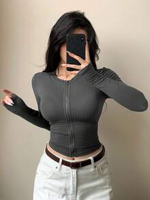 DAZY Chaqueta corta ajustada de unicolor para mujer, de estilo casual y urbano, para otoño/invierno