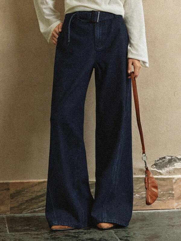 Dazy-Less Jeans de pierna ancha casual y de uso diario para mujer con cinturón