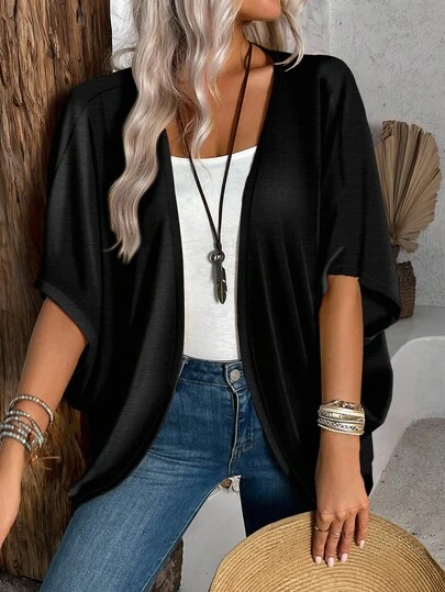EMERY ROSE Women's Casual Solid Color Versatile Lightweight Cardigan, Suitable For Autumn And Summer Black Coverups For Women Black Cardigan Woman Short Sleeve Cardigan,Fall,Casual
