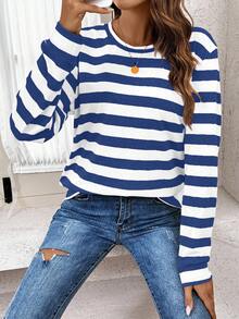 SHEIN LUNE Women's Athleisure Striped Crew Neck Casual Comfortable Basic Sweatshirt,Fall Stripe Top Blue Striped Shirt Long Sleeve Summer Top Striped Long Sleeve Blue And White Tops - Blue - View 6