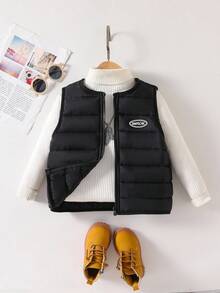 少女字母印花拉链领冬季背心 - 黑色 - 查看 2