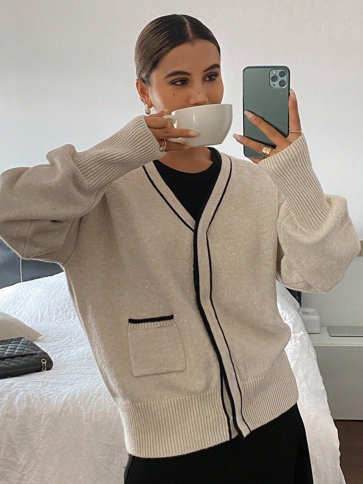 Livesso 女士休闲撞色落肩长袖针织开衫，秋季 - 杏色 - 查看 1