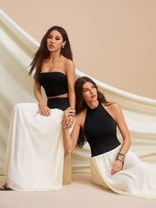 SHEIN Tall 女式无袖撞色休闲长裙 - 黑與白 - 查看 3