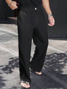 Manfinity Homme Pantalones casuales rectos, suaves y ligeros para hombre, para verano y otoño - Negro - Ver 3