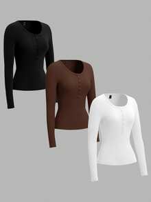 SHEIN EZwear 3 种颜色 - 黑色、棕色、白色加大码女士针织 T 恤，适合秋冬季 - 彩色 - 查看 3