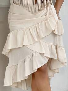 NegzBox Women's Creamy Apricot Summer Skirt With High-Low Hem ,Drawstring Ruffled Layered,Party Skirt,Boho Skirt,Lunch Skirt - Apricot - View 3