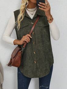 Selianne Flap Detail Button Front Corduroy Vest Coat - Army Green - View 5