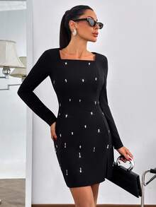 SHEIN Cottnline Women's Solid Long Sleeve Rhinestone Detailed Mini Dress - Black - View 4