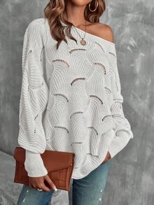 EMERY ROSE Áo len chui đầu dài tay cổ tròn màu trơn dáng rộng thoải mái cho nữ, mùa thu - trắng - Xem 7