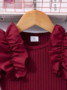 Glamorique Kids 少女盖袖罗纹网眼圆领夏季公主休闲连衣裙（配腰带） - 酒紅色 - 查看 5