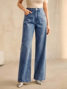 Anewsta Fashionable Rhinestone Embellished Straight Leg Blue Jeans For Women - Blue - View 4