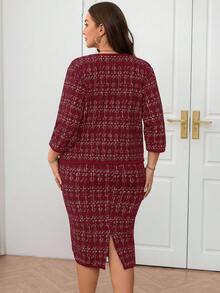 SHEIN Clasi Bộ 2 món thanh lịch, áo khoác hở trước tay 3/4 họa tiết kẻ caro cỡ lớn dành cho nữ, mùa thu - Màu Đỏ Sâu - Xem 8