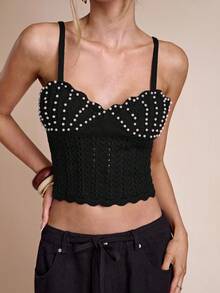 SHEIN BAE Camiseta de punto ajustada y corta con tirantes de perlas para mujer en otoño/invierno - Negro - Ver 6