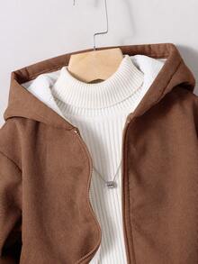 SHEIN 男童厚羊毛连帽夹克，卡其色，连帽拉链运动衫，休闲上衣，适合春、夏、秋、冬、返校、花园、海滩、生日 - 棕色 - 查看 3