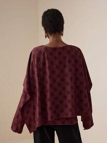 Vesra Chic Plaid Beaded Twist Knot Loose Blouse Fall Cloth For Women - Red - View 2