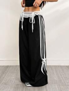 SHEIN PETITE 女式夏季黑色上学可爱 Y2K 派对蕾丝蝴蝶结中腰直筒黑色裤子 - 黑色 - 查看 6