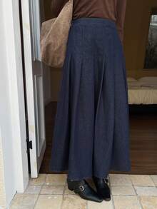 DAZY Women's Elegant Pleated Denim Skirt Fall/Winter - Dark Wash - View 3