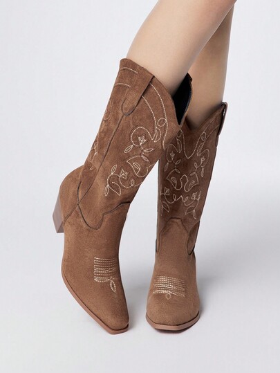 Fairycore Women's Brown Cowboy Boots, Khaki Outdoor Casual Fashion Embroidered Faux Suede Western Boots, Mid-Calf, Spring/Autumn