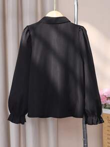 Sparklyn 女童衬衫，泡泡长袖，肩部珍珠装饰，可拆卸蝴蝶结装饰，宽松版型，活力风格，舒适面料，适合与背带裙搭配或作为内衣，春秋季 - 黑色 - 查看 2