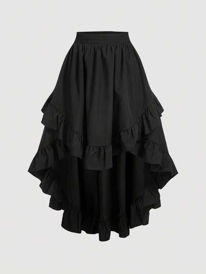 SHEIN MOD Plus Size Women's Black Ruffles Hem Skirt, Vintage Black Layered Skirt